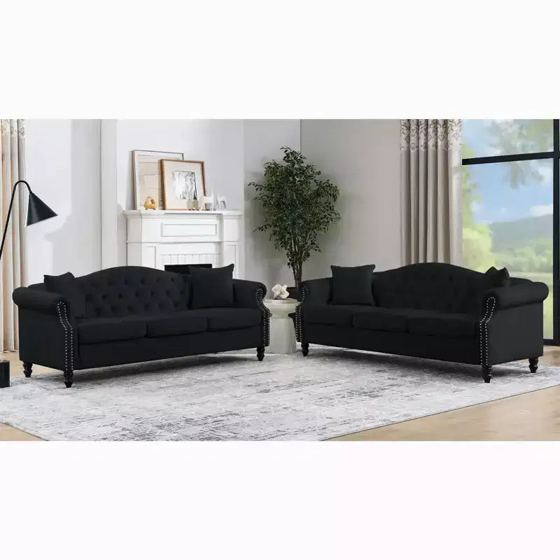 79 Black Velvet Chesterfield Sofa with Tufted Design - 3-Seater Couch featuring Rolled Arms and Nailhead Trim for Living Room (3S+3S)
