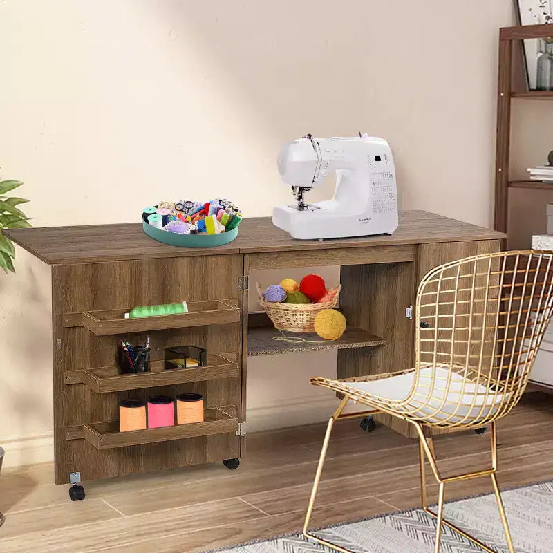 Table à coudre pliante, meuble de rangement, desserte à roulettes, grande taille