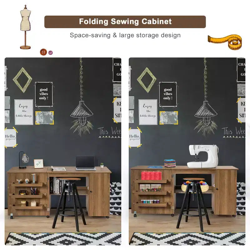 Table à coudre pliante, meuble de rangement, desserte à roulettes, grande taille