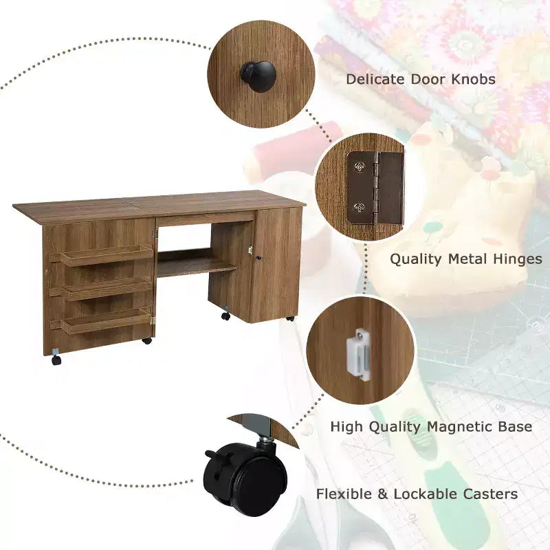 Table à coudre pliante, meuble de rangement, desserte à roulettes, grande taille