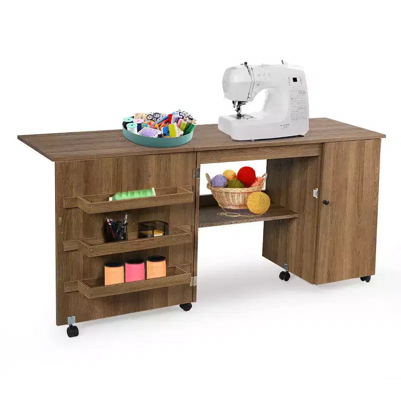 Table à coudre pliante, meuble de rangement, desserte à roulettes, grande taille