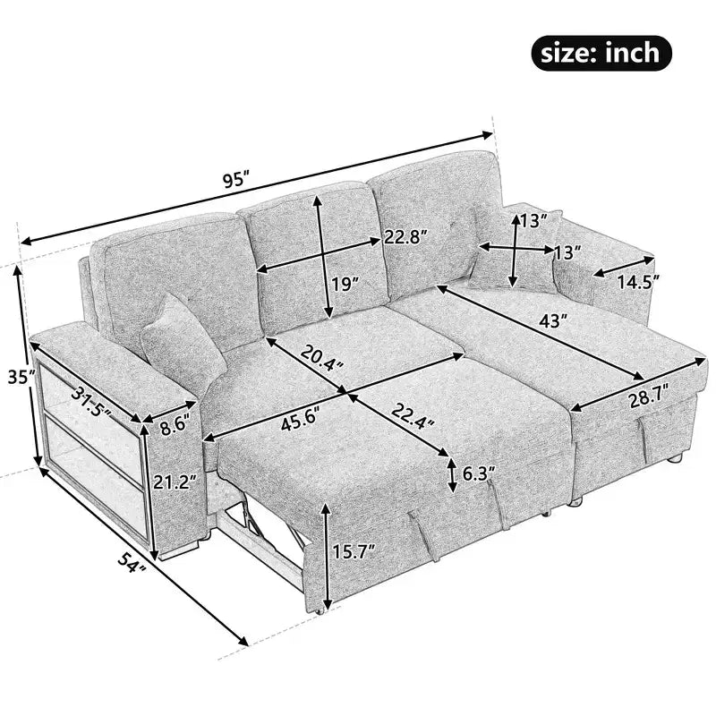 Canapé-lit d'angle réversible avec coffre de rangement et méridienne