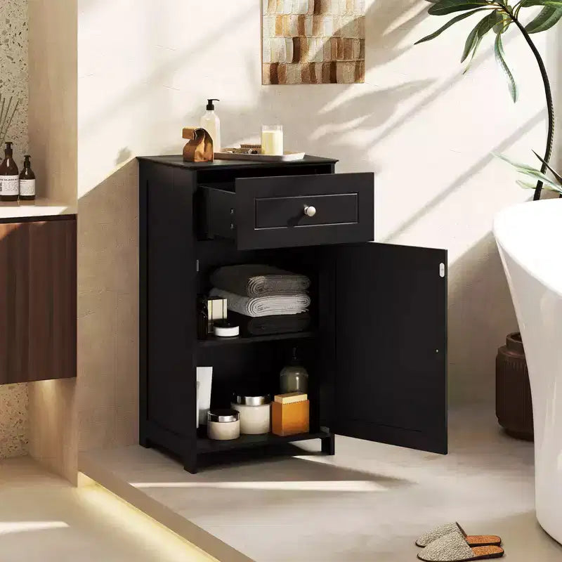 Meuble de rangement de salle de bain sur pied avec tiroirs et porte-serviettes