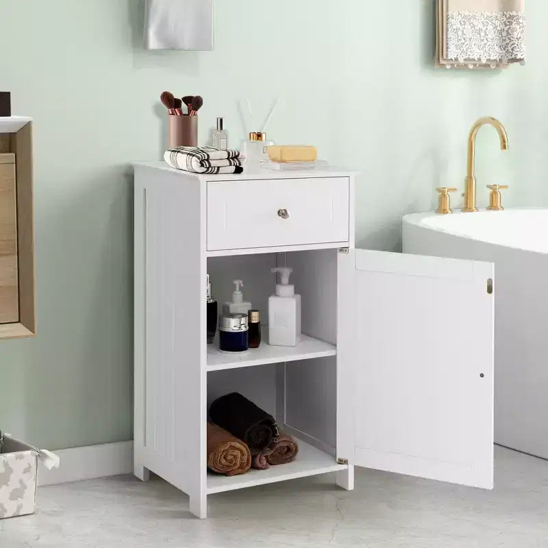 Meuble de rangement de salle de bain sur pied avec tiroirs et porte-serviettes