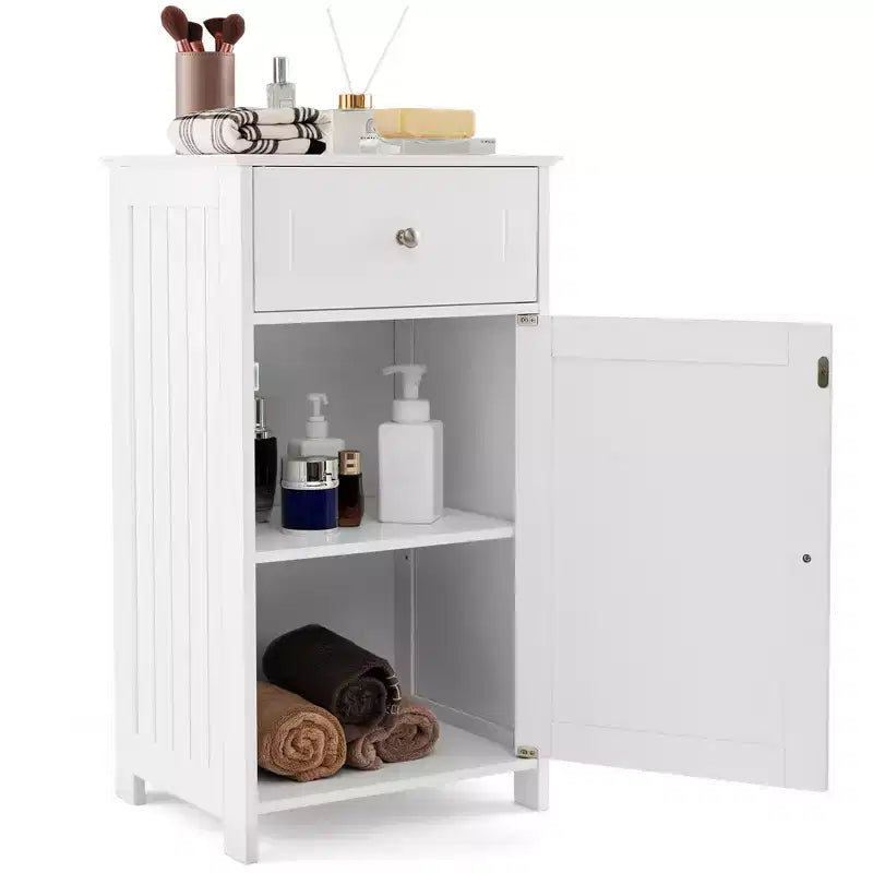 Meuble de rangement de salle de bain sur pied avec tiroirs et porte-serviettes