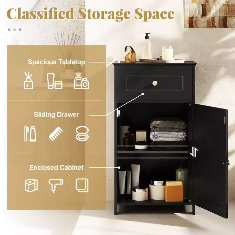 Meuble de rangement de salle de bain sur pied avec tiroirs et porte-serviettes
