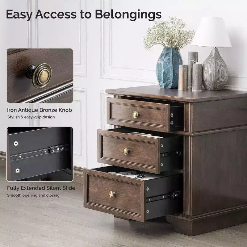 Table de chevet en bois massif à trois tiroirs avec 2 ports USB