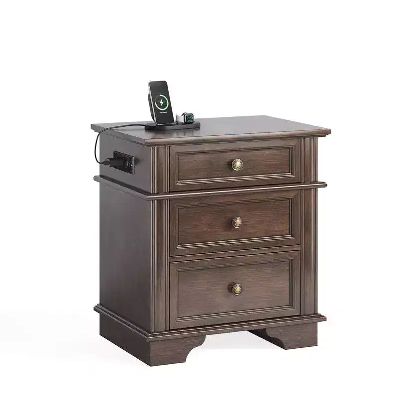 Table de chevet en bois massif à trois tiroirs avec 2 ports USB