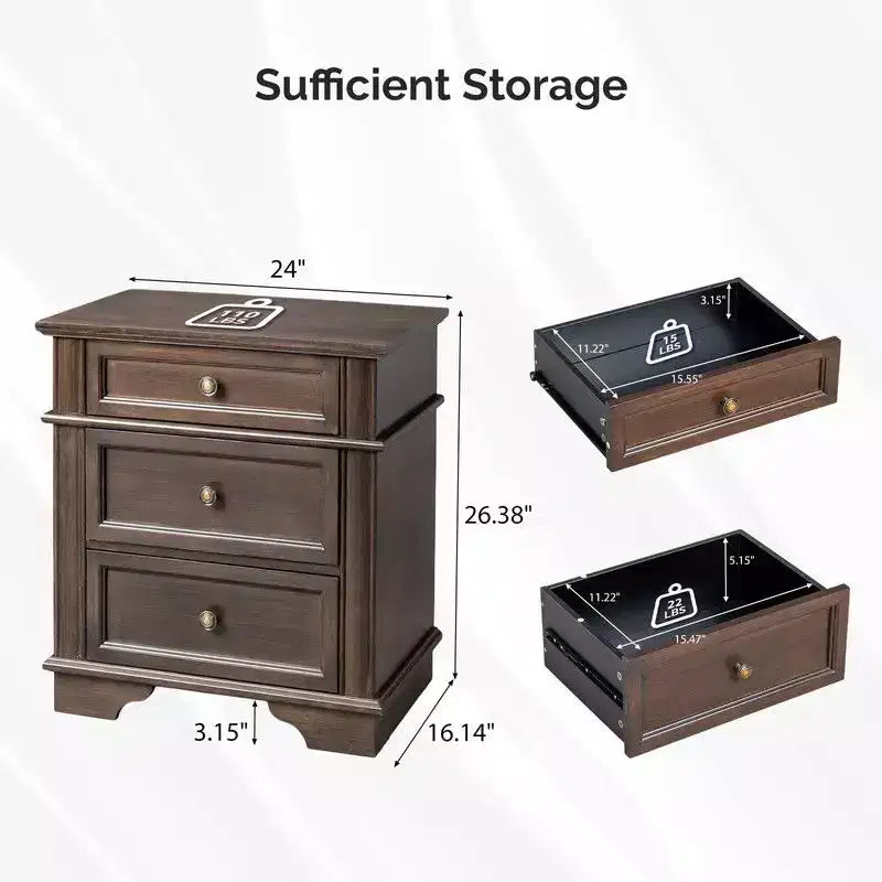 Table de chevet en bois massif à trois tiroirs avec 2 ports USB
