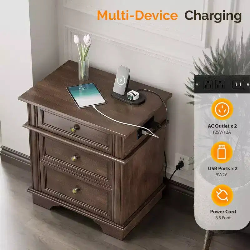 Table de chevet en bois massif à trois tiroirs avec 2 ports USB
