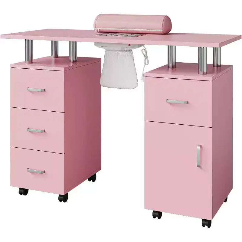 Manicure Table with Electric Dust Collector,42 Nail Table Beauty Salon Station with Lockable Wheels, Arm Rest,4 Storage Drawers,Resistant Top
