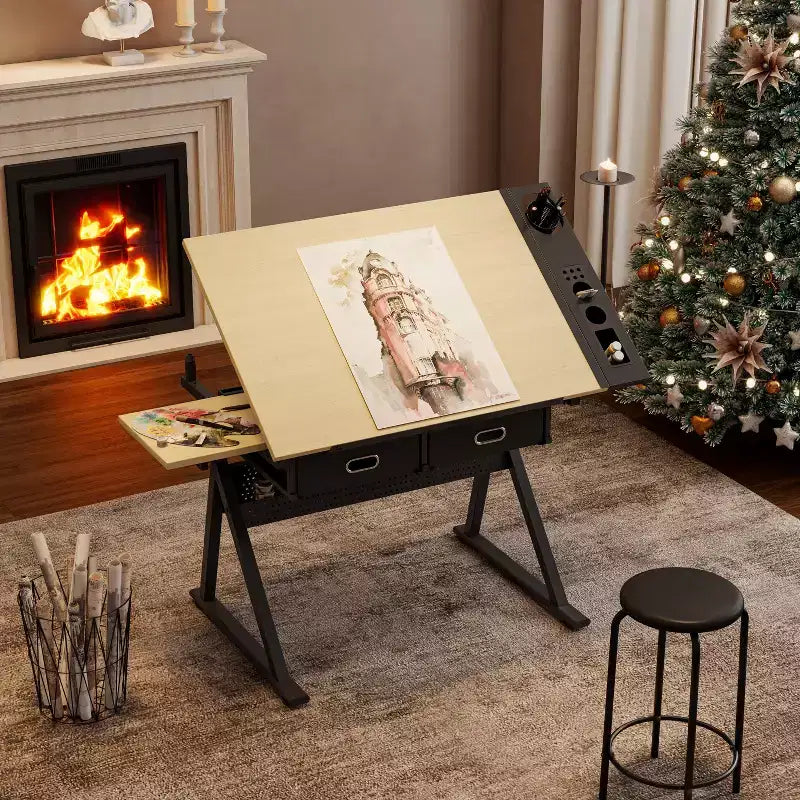 Table à dessin réglable avec deux tiroirs et un tabouret.