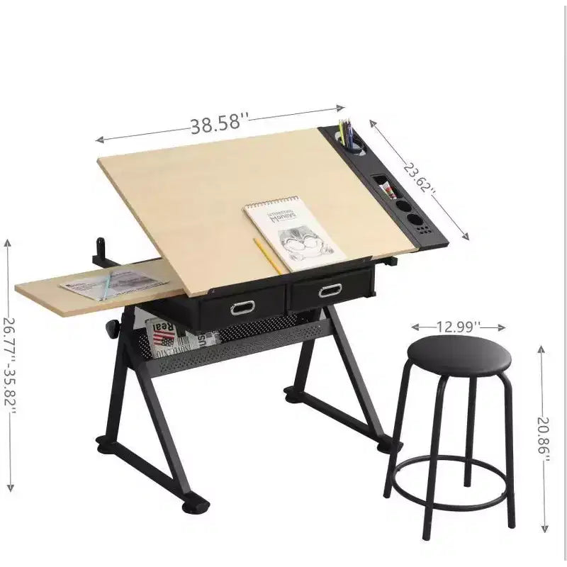 Table à dessin réglable avec deux tiroirs et un tabouret.