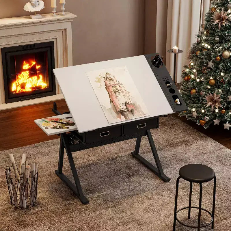 Table à dessin réglable avec deux tiroirs et un tabouret.