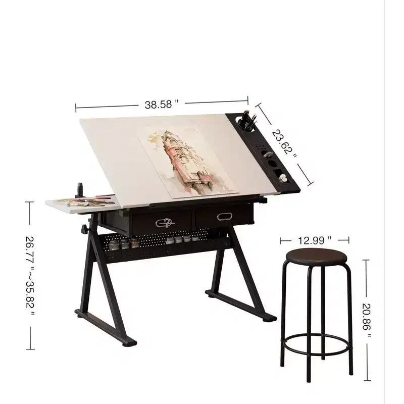 Table à dessin réglable avec deux tiroirs et un tabouret.