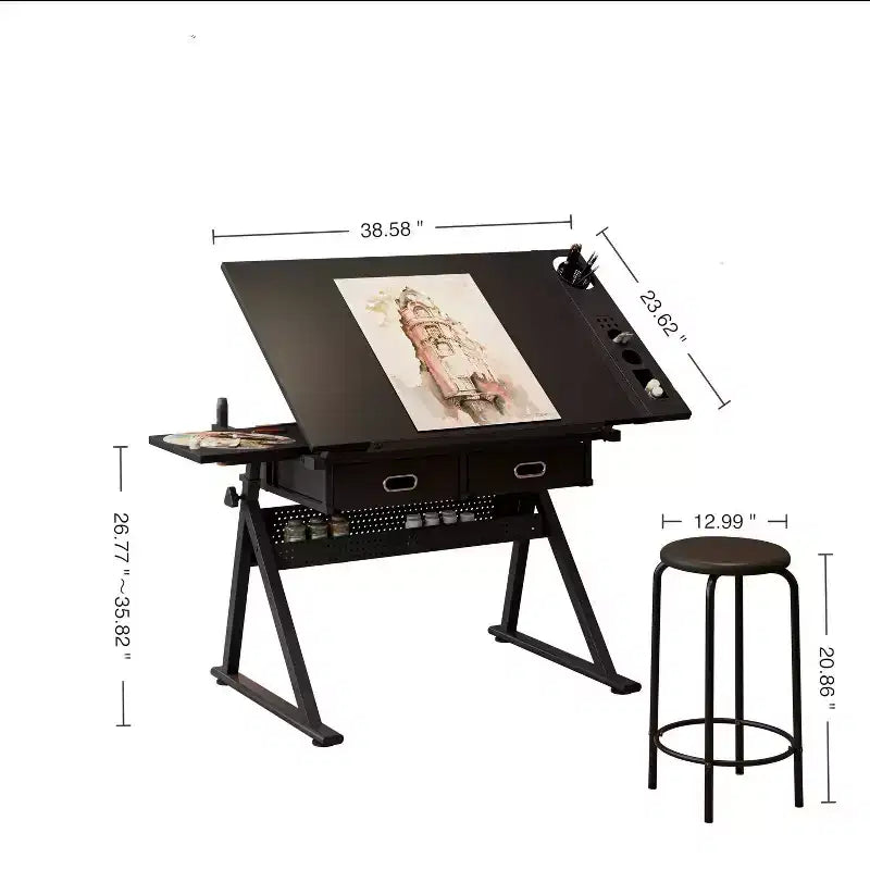 Table à dessin réglable avec deux tiroirs et un tabouret.
