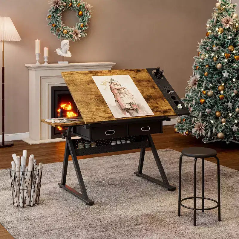 Table à dessin réglable avec deux tiroirs et un tabouret.