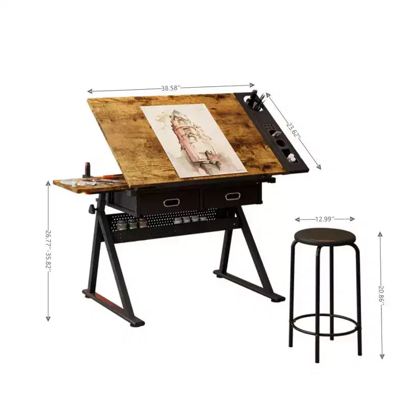 Table à dessin réglable avec deux tiroirs et un tabouret.