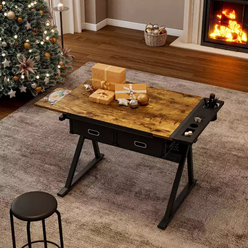 Table à dessin réglable avec deux tiroirs et un tabouret.