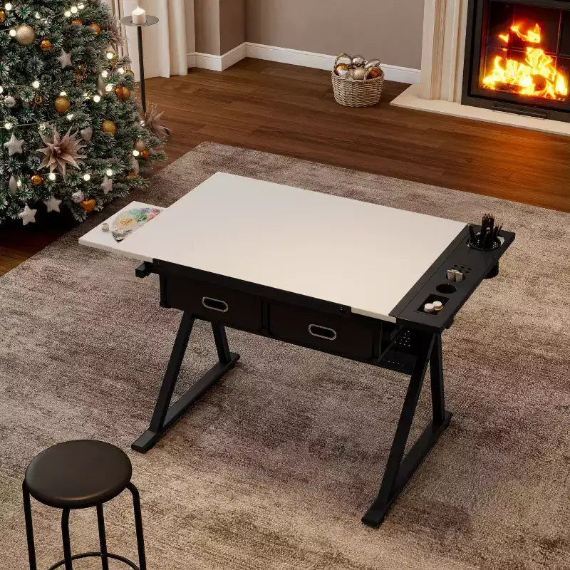 Table à dessin réglable avec deux tiroirs et un tabouret.