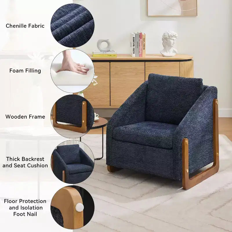 Fauteuil de salon moderne avec assise et dossier garnis de chenille.