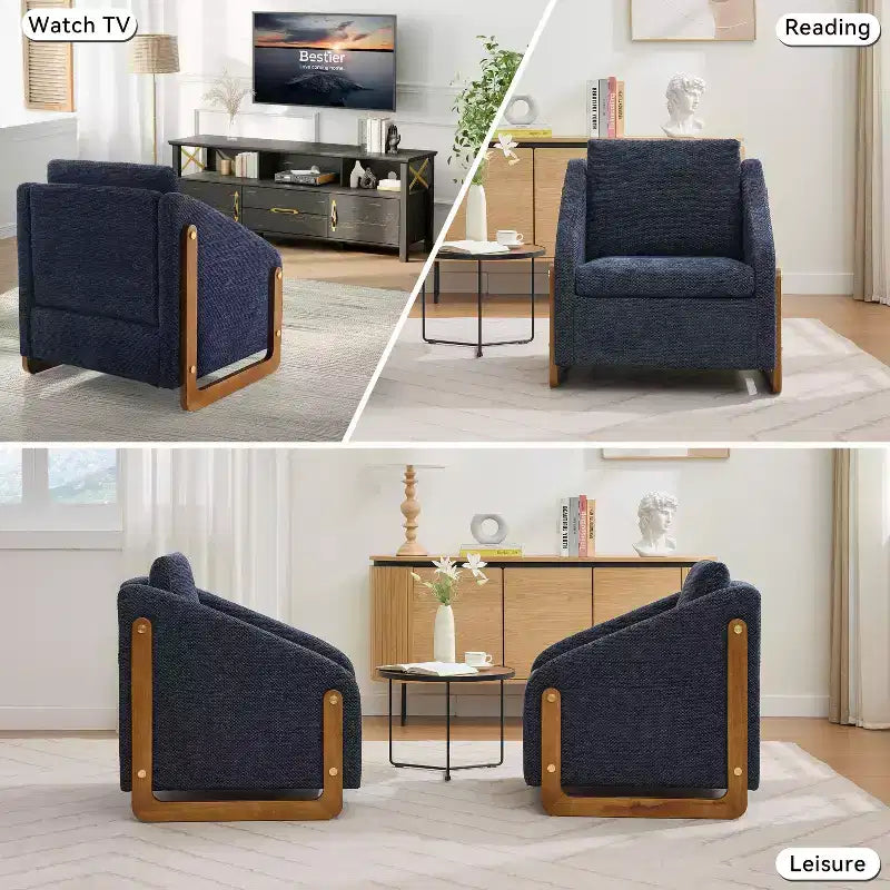 Fauteuil de salon moderne avec assise et dossier garnis de chenille.