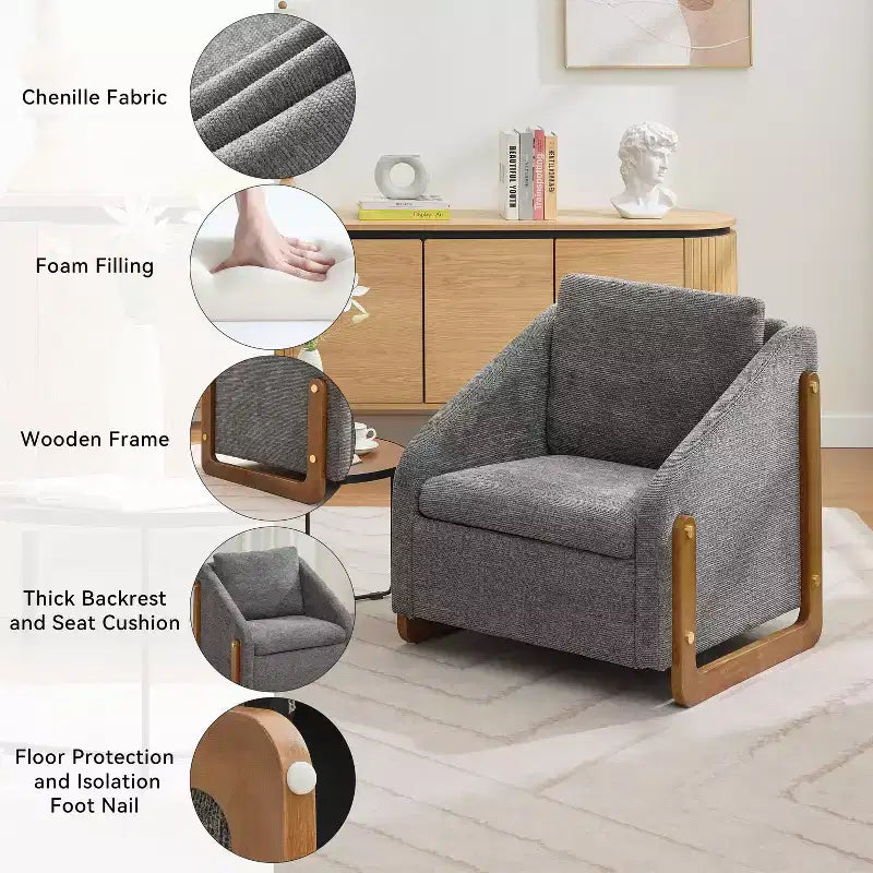 Fauteuil de salon moderne avec assise et dossier garnis de chenille.