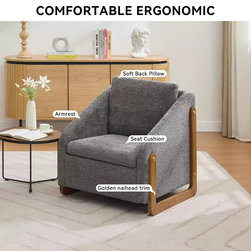 Fauteuil de salon moderne avec assise et dossier garnis de chenille.