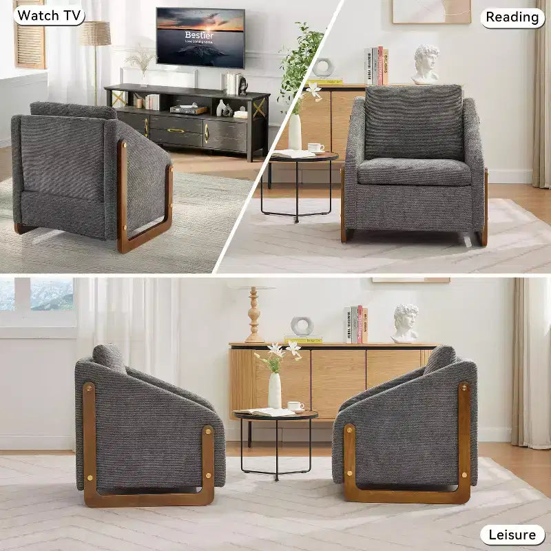 Fauteuil de salon moderne avec assise et dossier garnis de chenille.