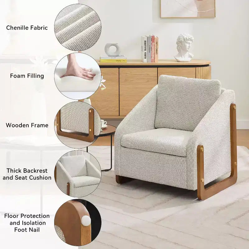 Fauteuil de salon moderne avec assise et dossier garnis de chenille.