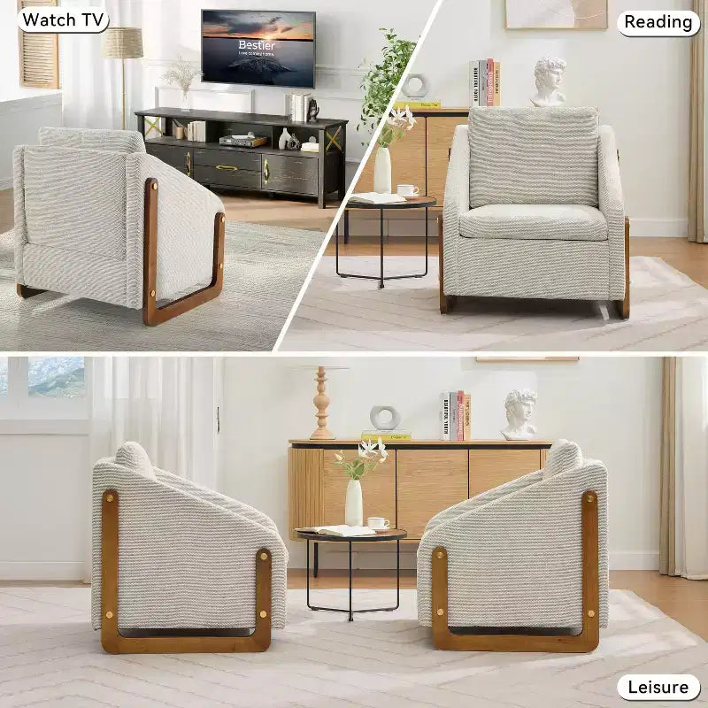 Fauteuil de salon moderne avec assise et dossier garnis de chenille.