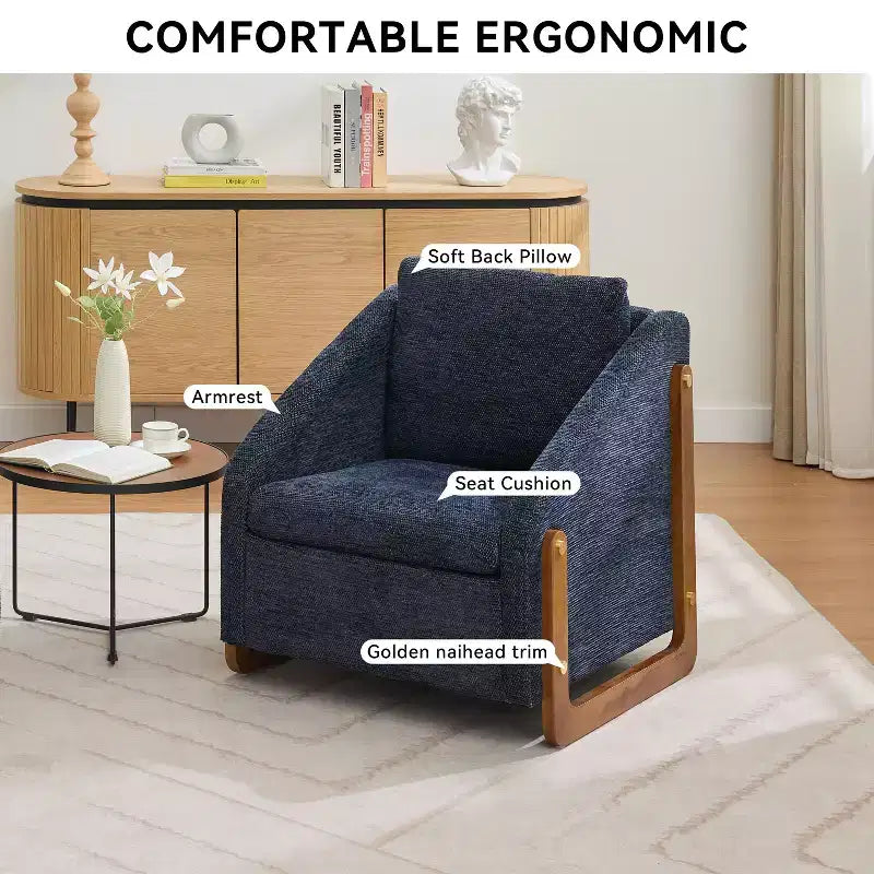 Fauteuil de salon moderne avec assise et dossier garnis de chenille.