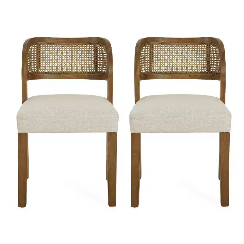 Chaises de salle à manger capitonnées en bois d'hévéa de ferme avec dossiers incurvés en rotin naturel