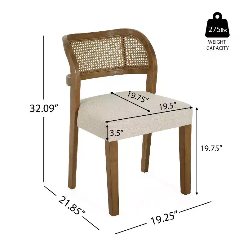 Chaises de salle à manger capitonnées en bois d'hévéa de ferme avec dossiers incurvés en rotin naturel