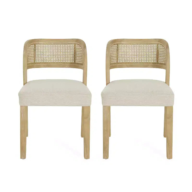 Chaises de salle à manger capitonnées en bois d'hévéa de ferme avec dossiers incurvés en rotin naturel