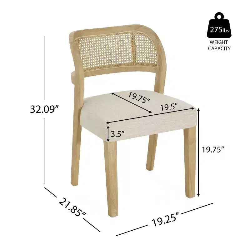 Chaises de salle à manger capitonnées en bois d'hévéa de ferme avec dossiers incurvés en rotin naturel