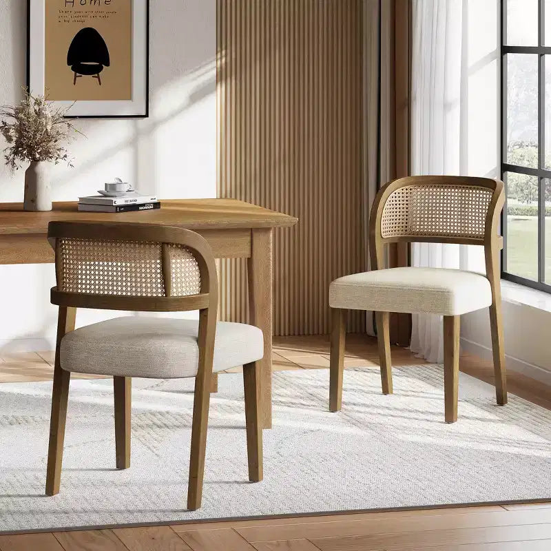 Chaises de salle à manger capitonnées en bois d'hévéa de ferme avec dossiers incurvés en rotin naturel