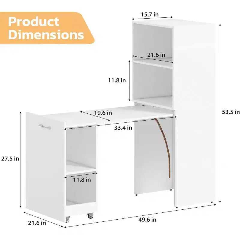 Bureau extensible avec étagères de rangement et roulettes
