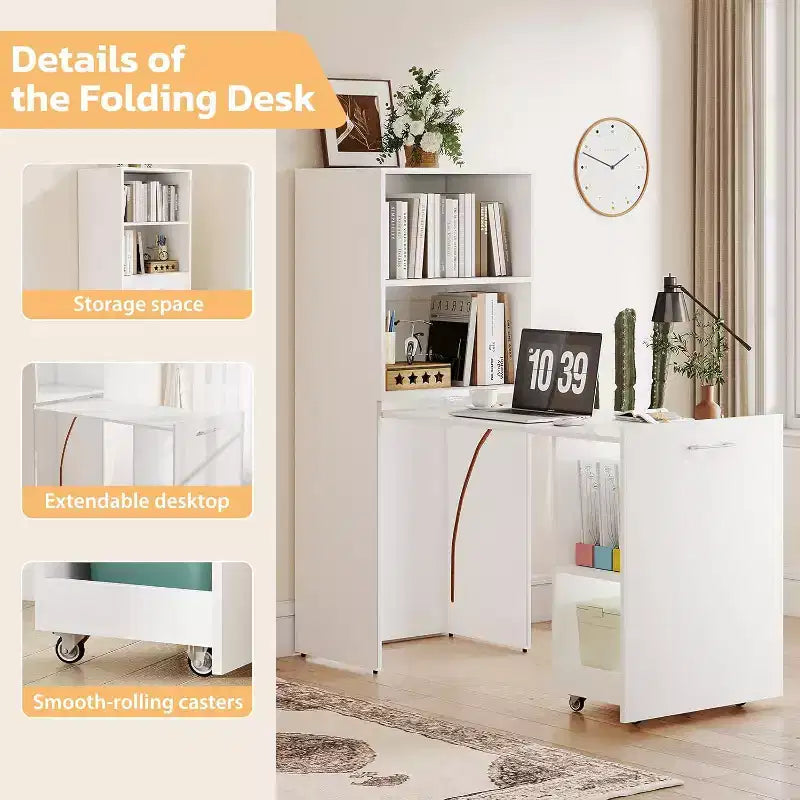 Bureau extensible avec étagères de rangement et roulettes