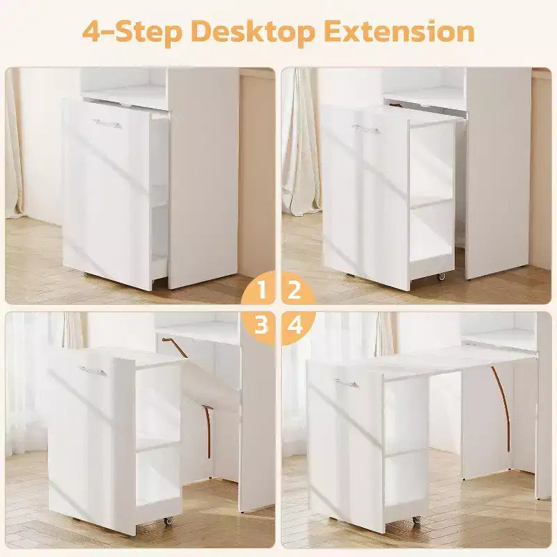 Bureau extensible avec étagères de rangement et roulettes