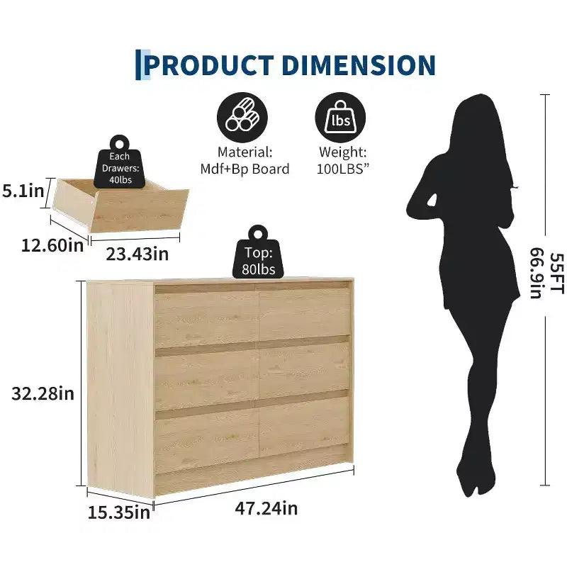 Commode à six tiroirs en bois pour chambre à coucher