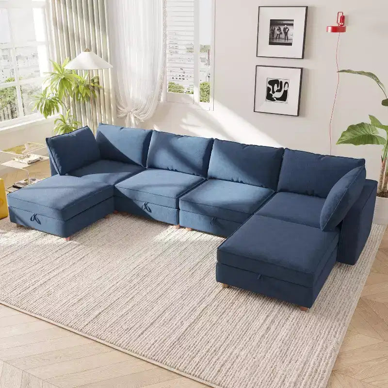 Canapé d'angle modulable en U à six places, moderne, en tissu.