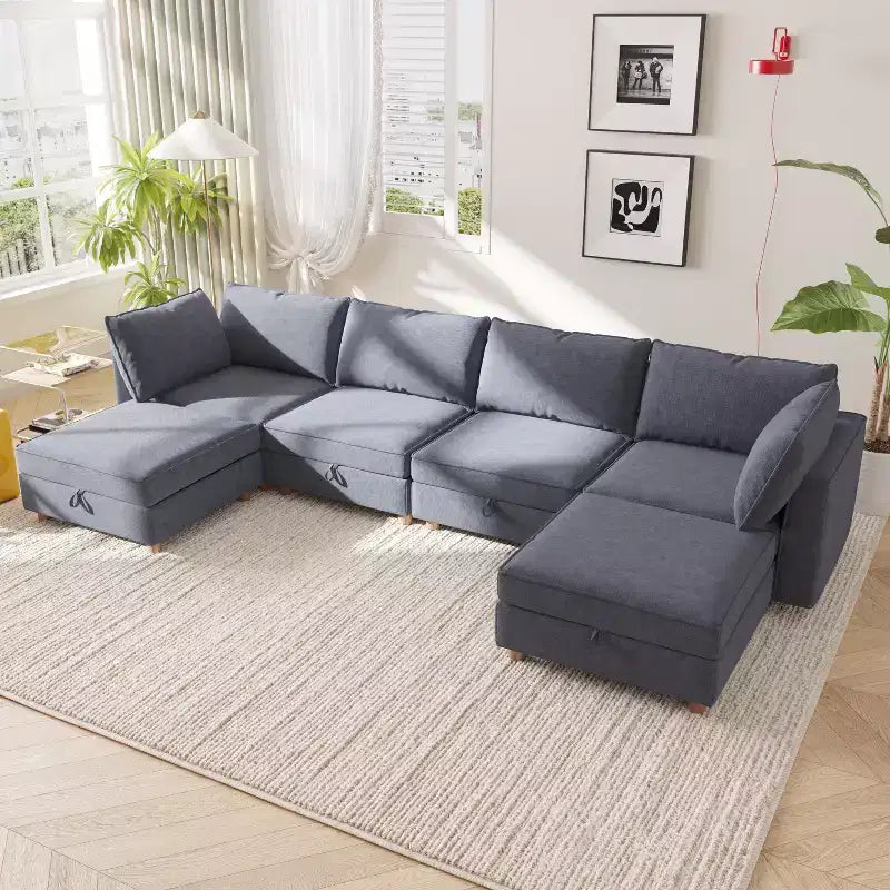 Canapé d'angle modulable en U à six places, moderne, en tissu.