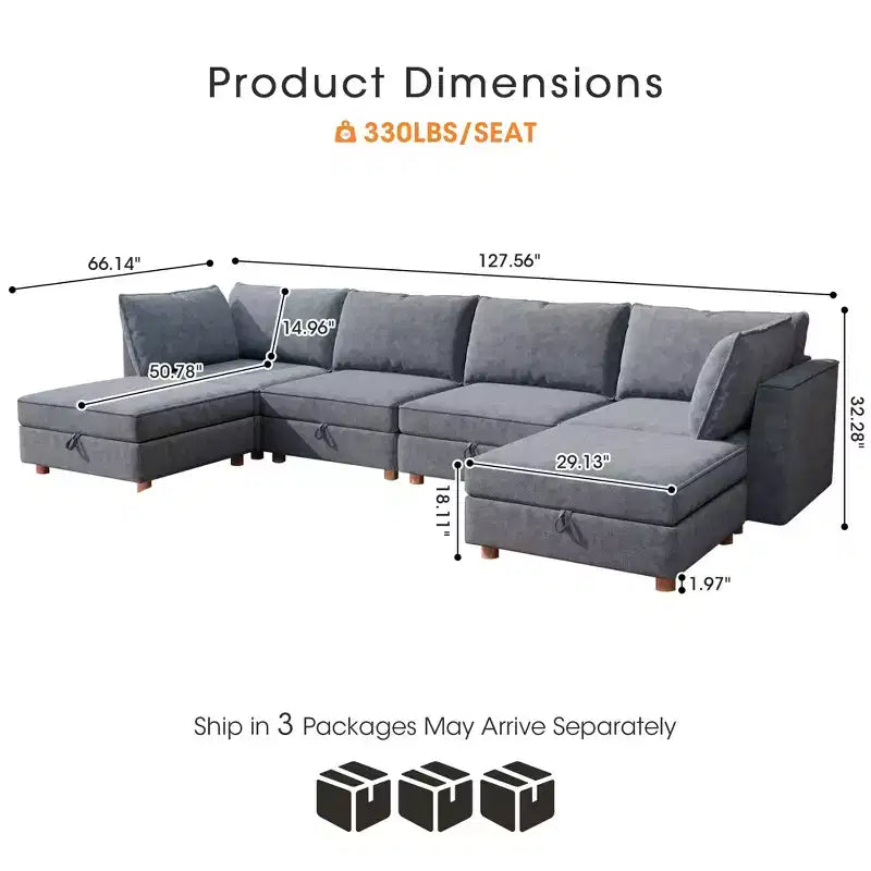Canapé d'angle modulable en U à six places, moderne, en tissu.