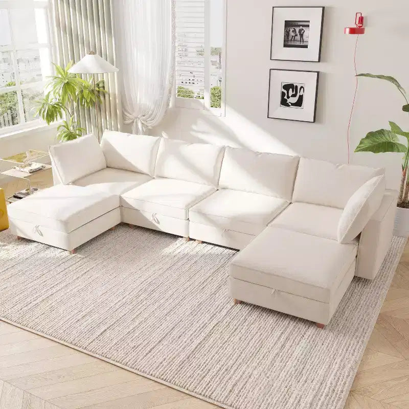 Canapé d'angle modulable en U à six places, moderne, en tissu.