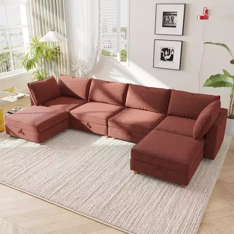 Canapé d'angle modulable en U à six places, moderne, en tissu.