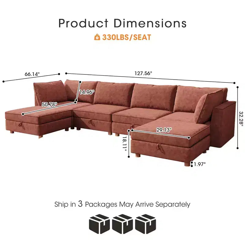 Canapé d'angle modulable en U à six places, moderne, en tissu.