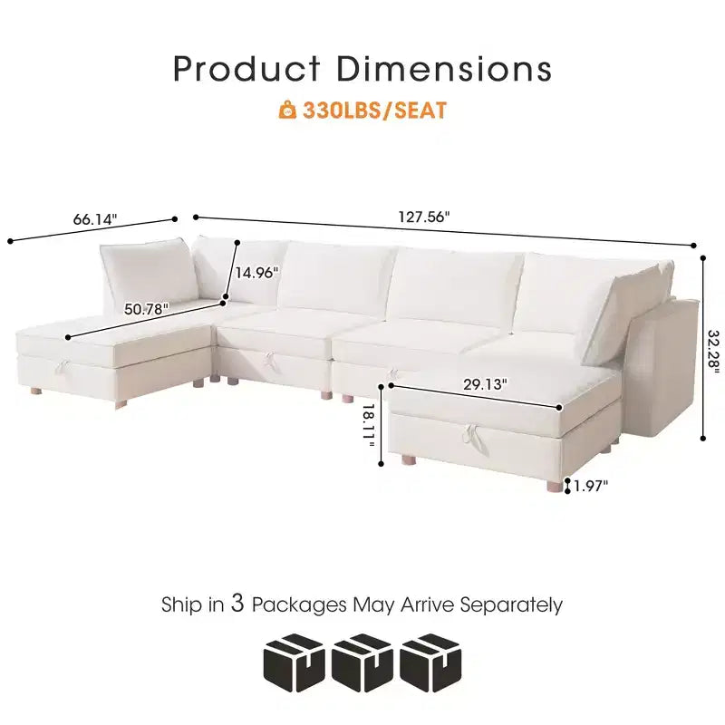 Canapé d'angle modulable en U à six places, moderne, en tissu.