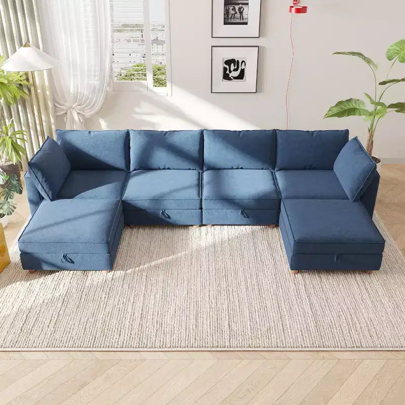 Canapé d'angle modulable en U à six places, moderne, en tissu.