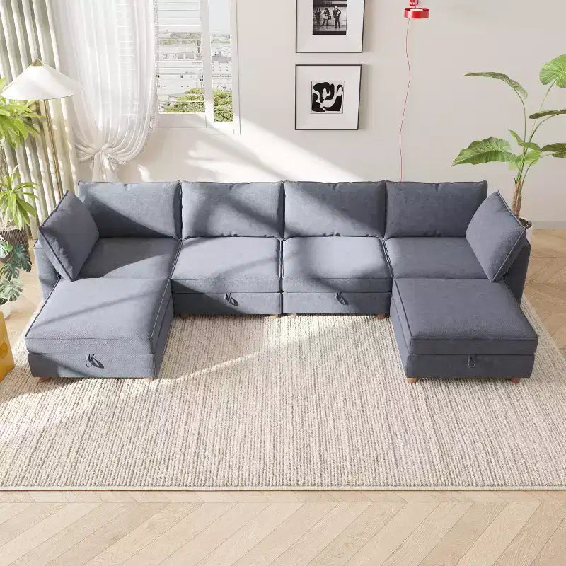 Canapé d'angle modulable en U à six places, moderne, en tissu.